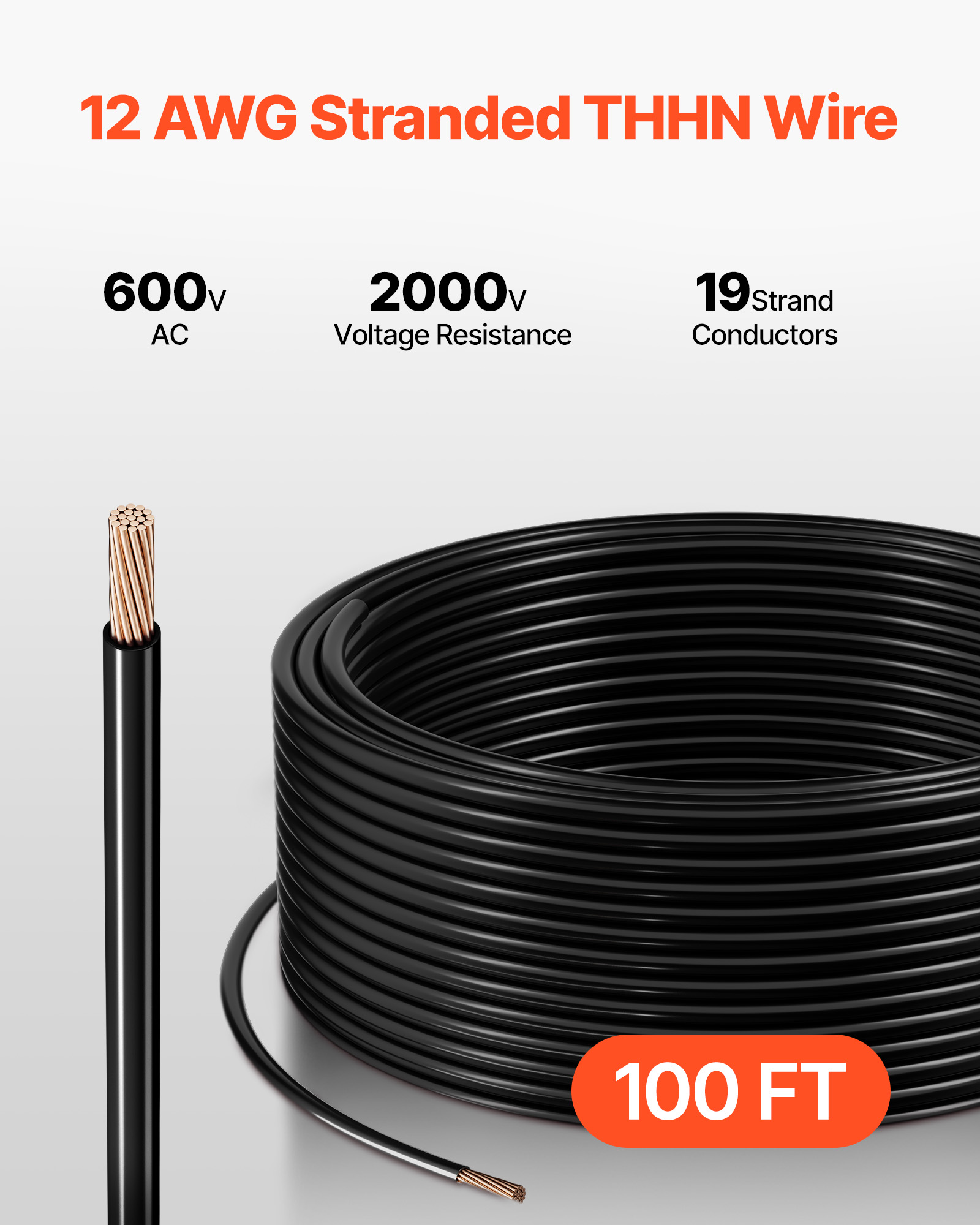 VEVOR 12 AWG THHN Wire, 19-Stranded, 100% OFC Copper Electrical Building Wire with Nylon Jacket, Rated for Up to 600 Volts, for Indoor Outdoor Use, Commercial, Industrial, Residential, Black