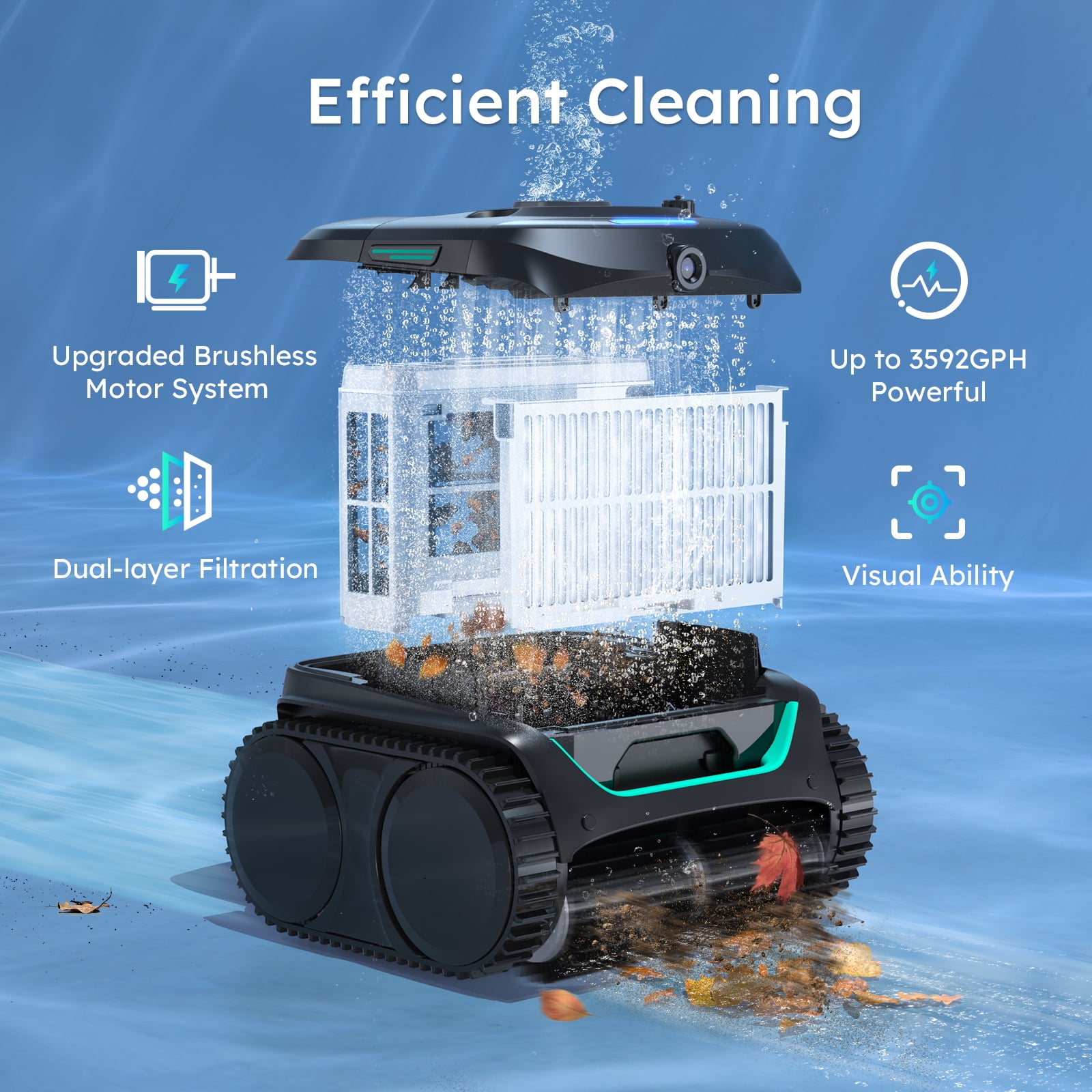 WYBOT C2 Vision AI Camera Cordless Pool Cleaner Robot for Inground Pools, 8 Mode Robotic Pool Cleaner, Ultra-Fine Filtration, Powerful Suction, Wall Climbing, Waterline Cleaning, Black & Green