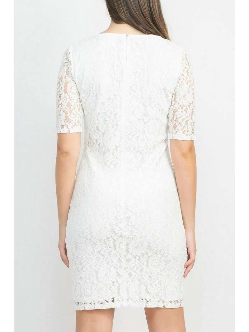 women's nina leonard floral lace sheath cocktail dress Color: Ivory Size: SMALL STYLE_61752 Sheer Lace-Bodice Black Cocktail Color:Yellow Striped Ladies dresses