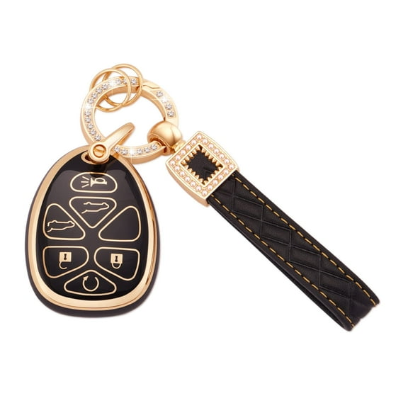 Soft TPU 6 Button Key Fob Cover with Leather Lanyard for Chevrolet Suburban Traverse Tahoe GMC Yukon Cadillac Escalade Durable Full Protection Case with Premium Finish and Secure Fit