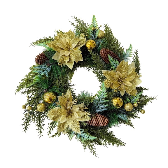 HioHa 16-Inch Christmas Wreath with Golden Poinsettia & Pinecones, Artificial Floral Wreath with Luxe Gold Accents & Berries, for Front Door Home Holiday Spring Party Decor