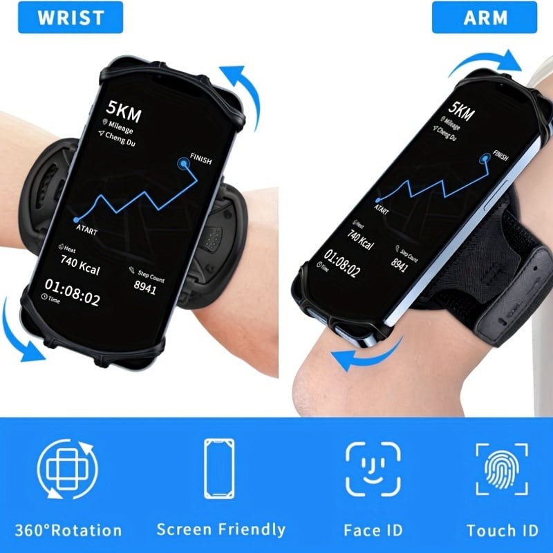 Wrist phone stand, removable, 360° rotation, suitable for iPhone 16/ 15/ 14/ 13/ 12/ Pro/ Pro Max/ XS/ XR/ X/ 8/ 7/ 6/, 4.7-6.5-inch smartphone, with key ring mobile arm strap, suitable for fitness