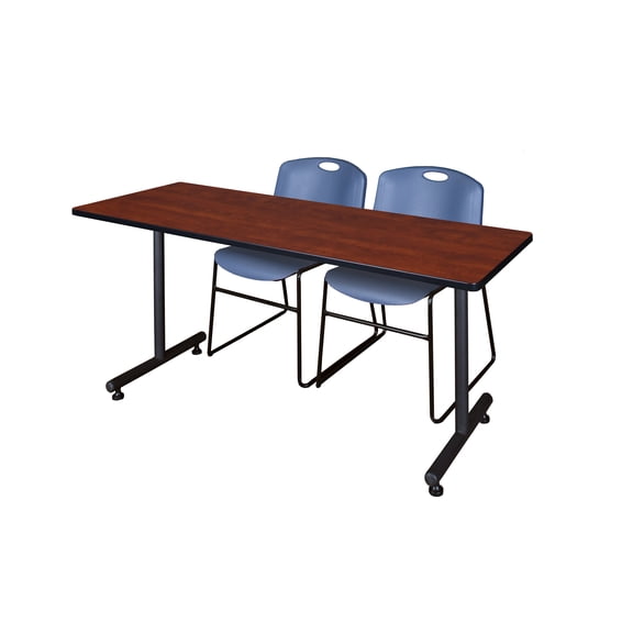 Regency Kobe 72 x 30 in. T-Base Training Seminar Table- Cherry, 2 Zeng Stack Chairs- Blue