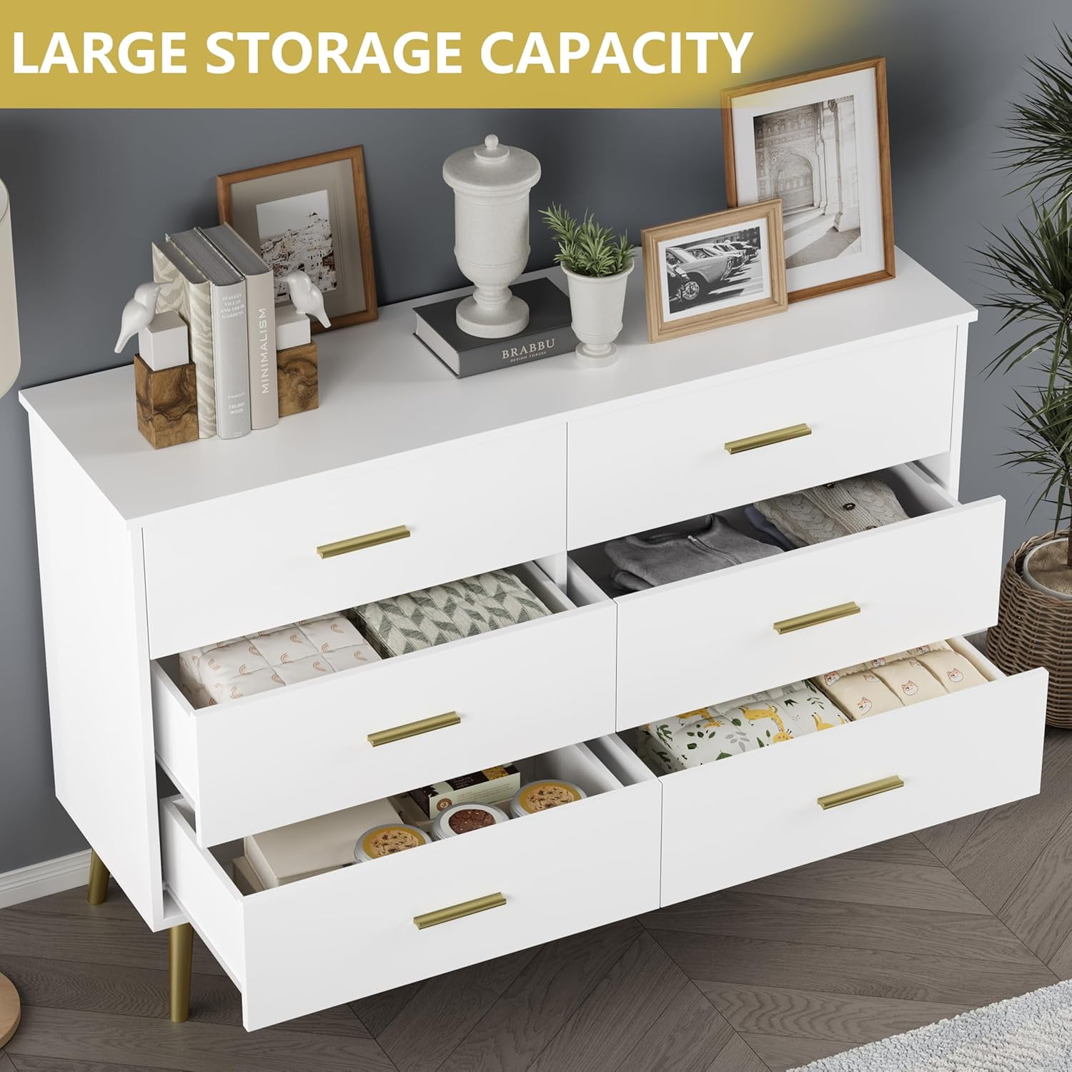 FANRAL 6 Drawers Dresser for Bedroom,Wood Modern Chest of Drawers with LED Light,Metal Support Feet,White Gold Dresser