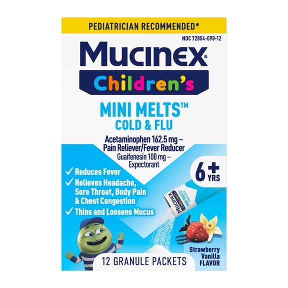 Mucinex Children's Cold and Flu Medicine & Expectorant for Kids, OTC Relief, Strawberry Vanilla Flavor Mini-Melts, 12 ct