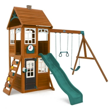 KidKraft Kennedy Springs Wooden Outdoor Swing Set with Slide and Rock Wall