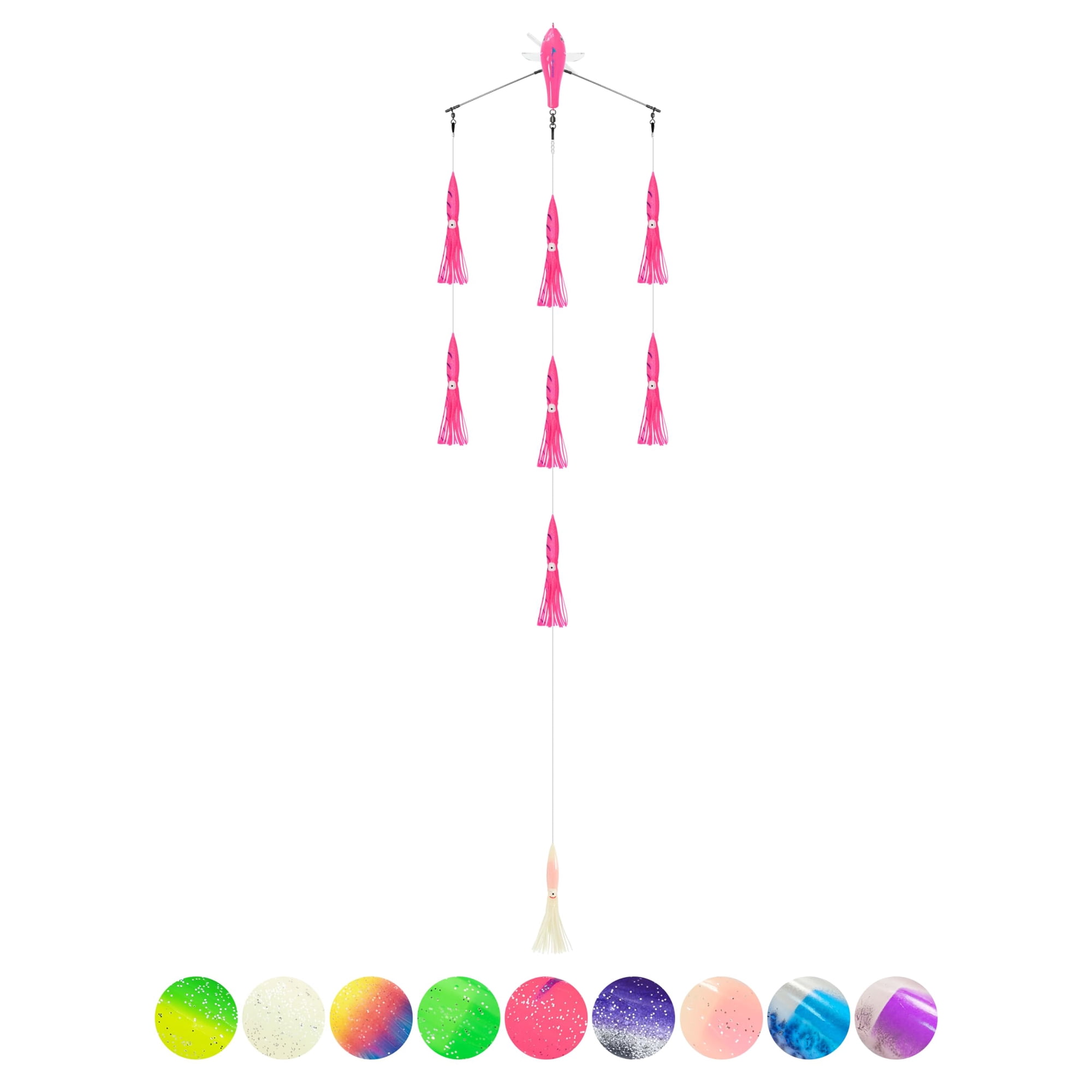 BLUEWING 18 Upgraded Fishing Spreader Bar Port Walker Offshore Trolling Spreader Bar with 6 Bulb Squids and 316 Stainless Steel Rod for Wahoo Tuna Marlin Mahi Mahi Pink