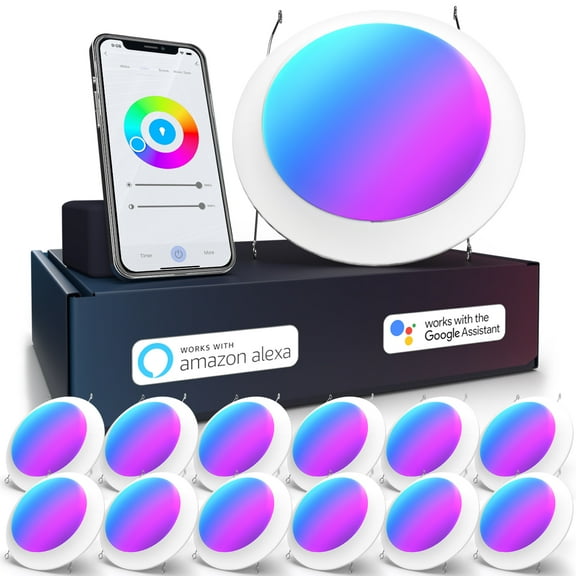 Sunco 12 Pack 5/6 Inch Smart Disk LED Flush Mount Ceiling Recessed Can Light for Living Room, Bedroom, App Controlled Compatible with Alexa and Google, Dimmable, 15W, RGB 5000K Daylight, 1200 LM ETL