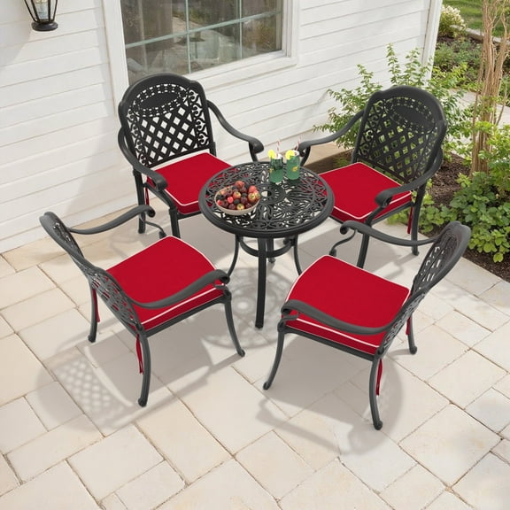 Hzzkey 5-Piece Black Outdoor Aluminum Round Dining Set,4 Chairs, Red Cushion ,Umbrella Hole, Weather-Resistant