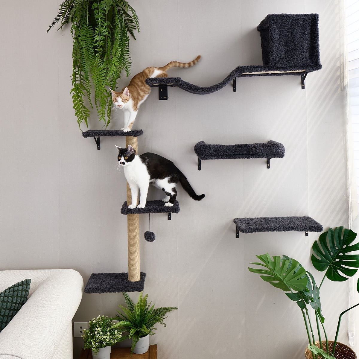 FUKUMARU Cat Wall Shelves Set, 4 in 1 Wooden Climbing Wall Furniture, Grey