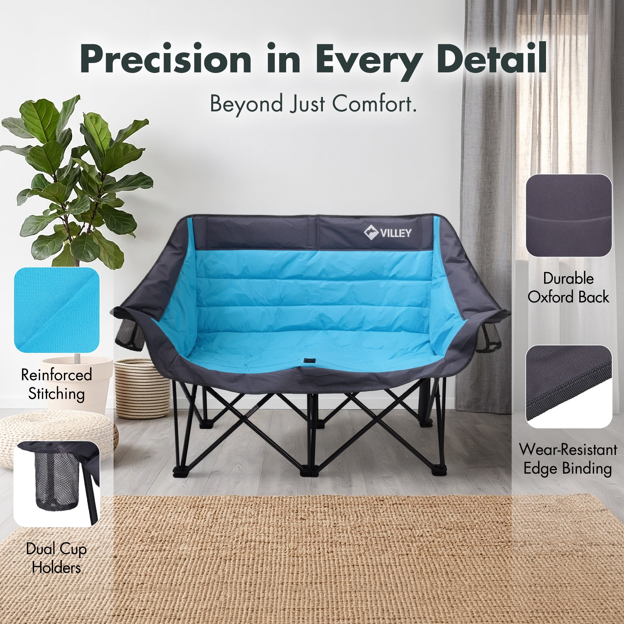 VILLEY Oversized Double Camping Chair, 800lbs Portable Folding Loveseat for Adults, Heavy Duty Oxford Fabric, XL 2 Person Padded Chair with Cup Holders for Outdoor Camping, Lawn, Backyard