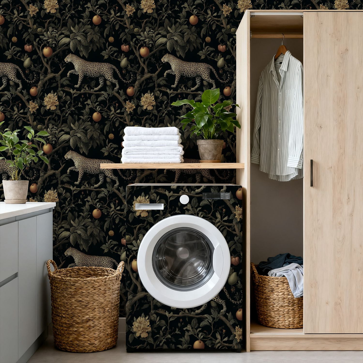 Peel and Stick Wallpaper Leopard Walking Among Fruits Flowers Botanical Garden Wall Mural 17.7in x 9.8ft Self Adhesive Removable Wall Paper Renter Friendly Wallpaper for Nursery Bedroom Cabinets