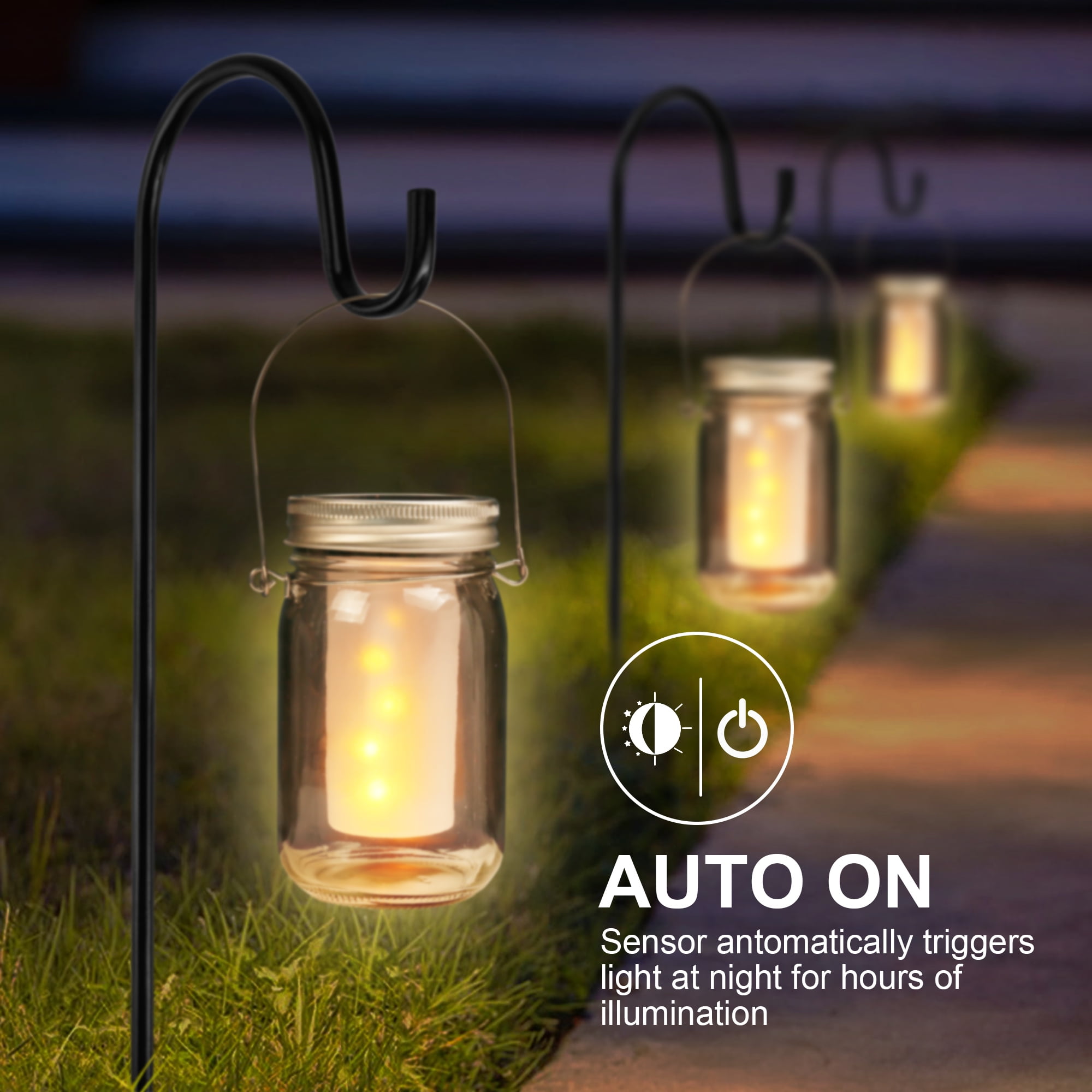 Solar Mason Jar Lid Lights+Shepherd Hooks Perfect Patio Garden Wedding