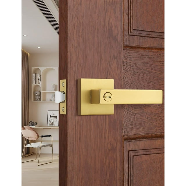 Levier de Porte en Or Brossé Sans Verrou, Poignée de Porte Réversible Sans Verrouillage pour Porte Droitier/gauche, Ensemble Robuste de Levier Carré pour Usage Intérieur/extérieur