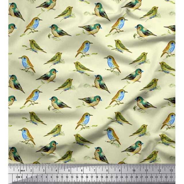 Soimoi polyester Crepe Fabric Flycathcer Bird Fabric Prints By Yard 52 Inch Wide