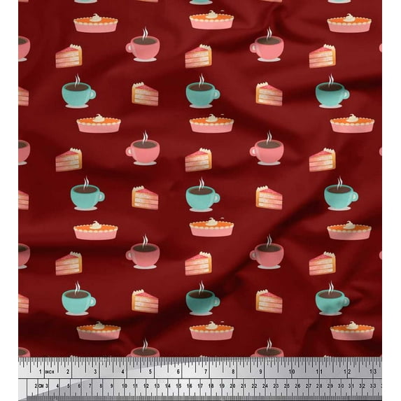 Soimoi Cotton Cambric Fabric Cake Slice & Coffee Beverages Print Fabric by The Yard 42 Inch Wide