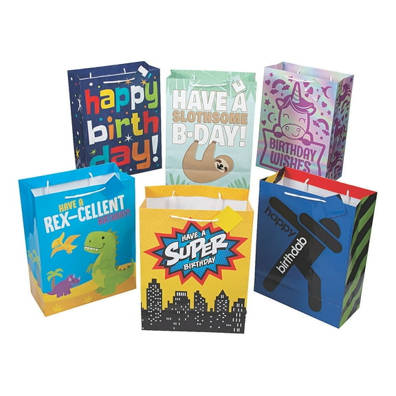 Fun Express Assorted Colors Birthday Gift Bags, 24 Count