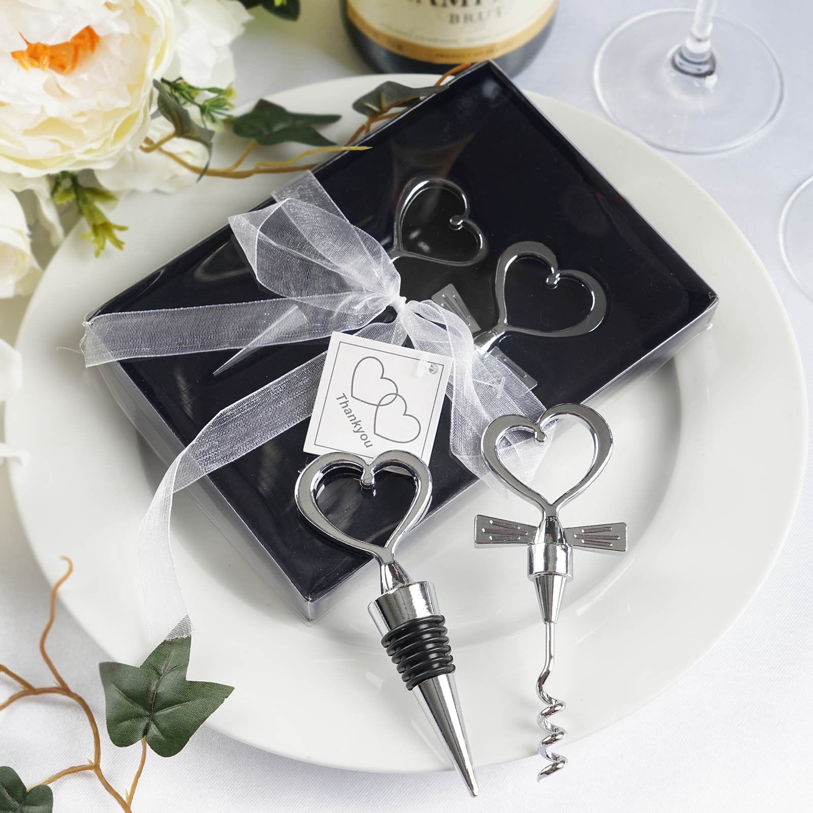 Wedding Favours-Silver and Gold Wedding Heart Corkscrew Bottle Opener Wine 