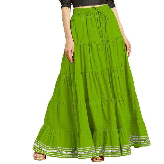 eloria Maxi Tier Skirt Elastic Waist Cotton Bohemian Skirts Boho Long Flaired, Color : Parrot Green, Size : 18
