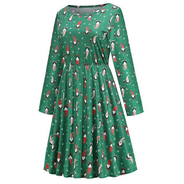 Vestido de manga larga con cuello redondo y estampado navideño para mujer a la moda Fridja nbo2063