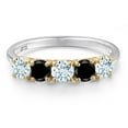 thumbnail image 3 of Gem Stone King 925 Silver and 10K Yellow Gold Sky Blue Aquamarine and Black Diamond Wedding-Bands Ring for Women | 1.29 Cttw | Round 4MM | Gemstone March Birthstone | Size 7, 3 of 6