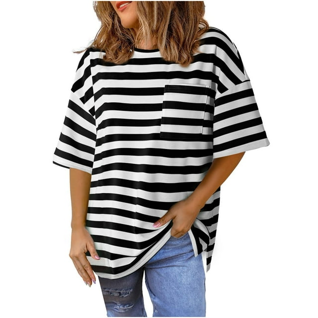 Hyknon Womens Tops Summer Fashion Striped Printed Loose Plus Size T Shirts Round Neck Short Sleeve Pullover Versatile Tops