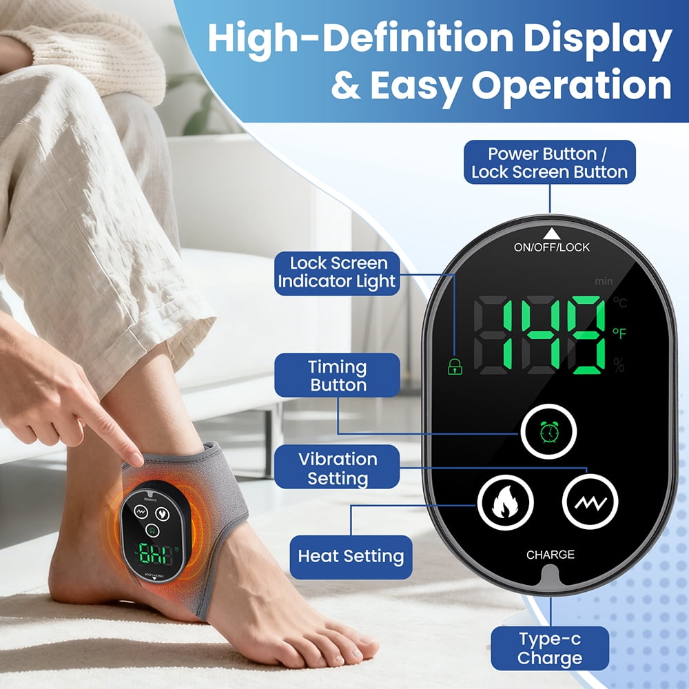 Cordless Ankle Massager with Heat and Vibration, Rechargeable Electric Foot Massager, Heated Ankle Wrap Warmer with Adjustable Temperature, Portable Foot and Ankle Massager Brace, Grey