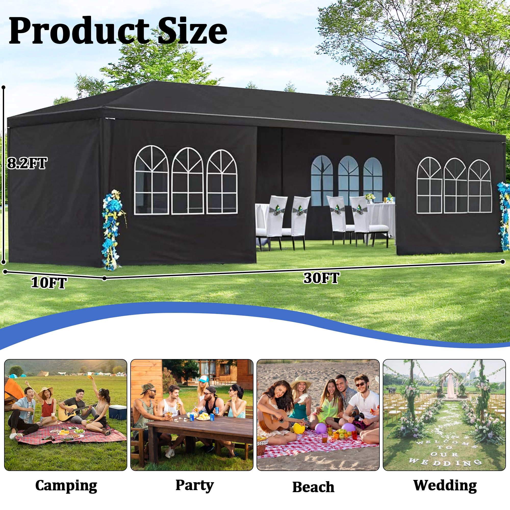 10x30' Wedding Party Canopy Tent Outdoor Gazebo with 8 Removable Sidewalls,Black