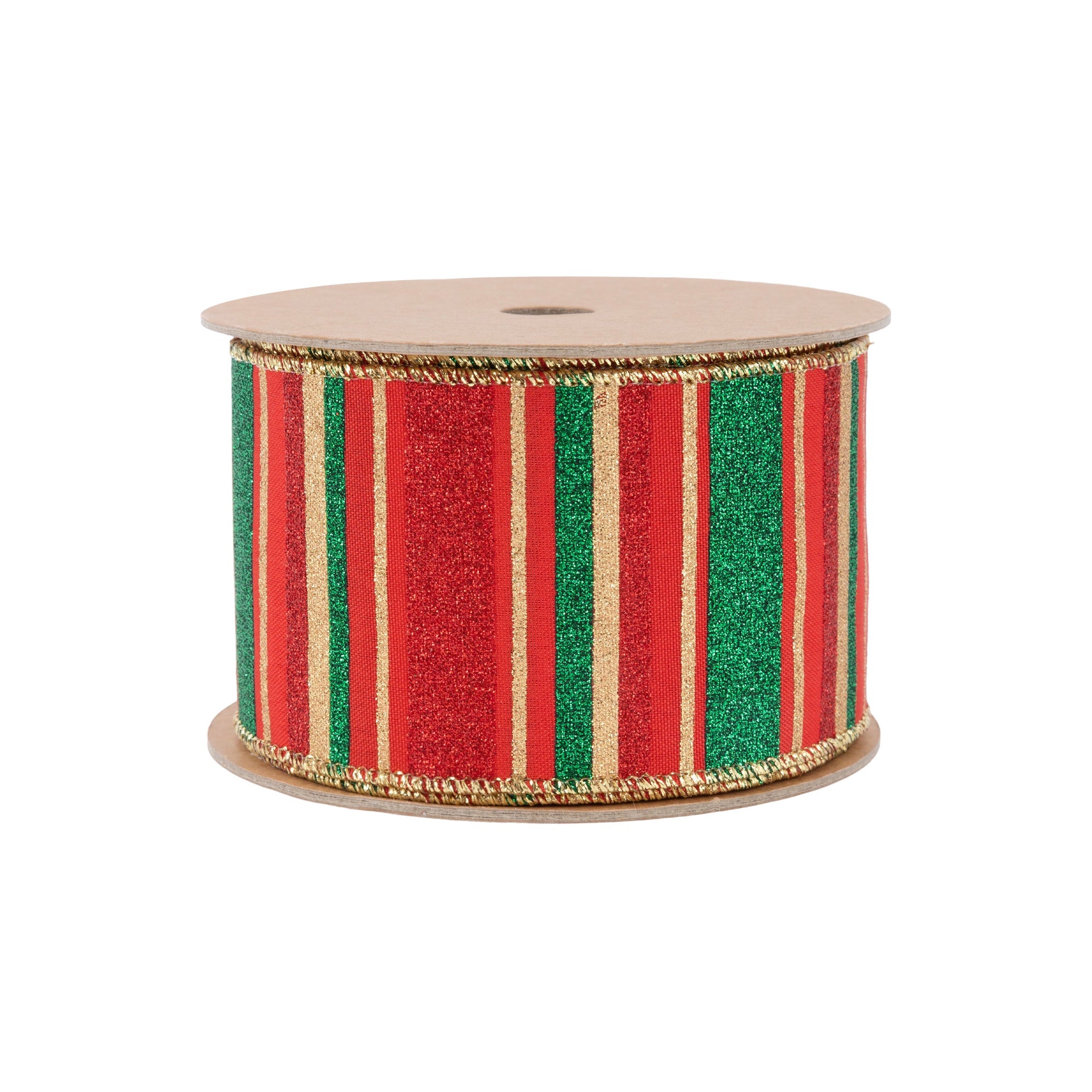 LaRibbons 2 1/2" Wired Ribbon, Red, Green, Gold Horizontal Glittered Stripes on Red, 10 Yard Roll