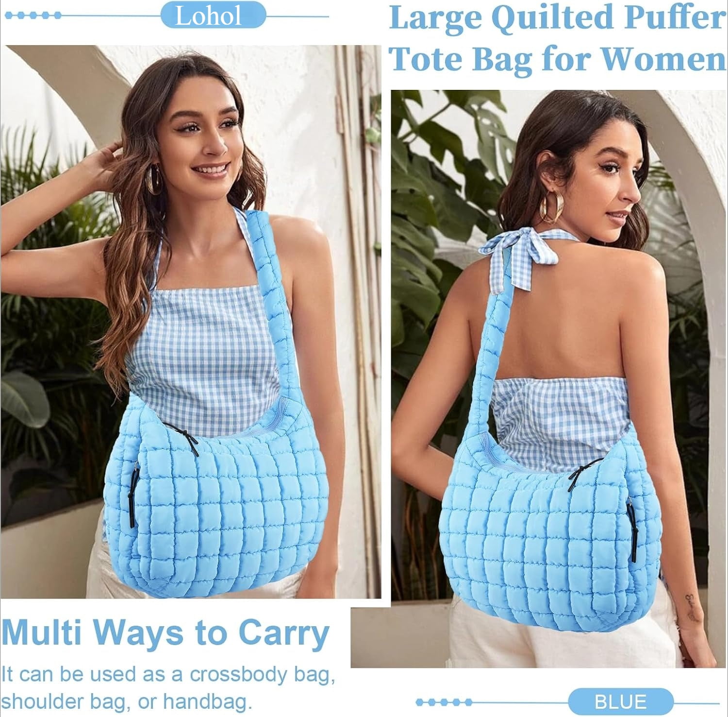 Lohol Quilted Puffer Tote Bag for Women - Large Crossbody Bag, Lightweight Nylon Puffy Carryall Hobo Puff Shoulder Bag-Blue