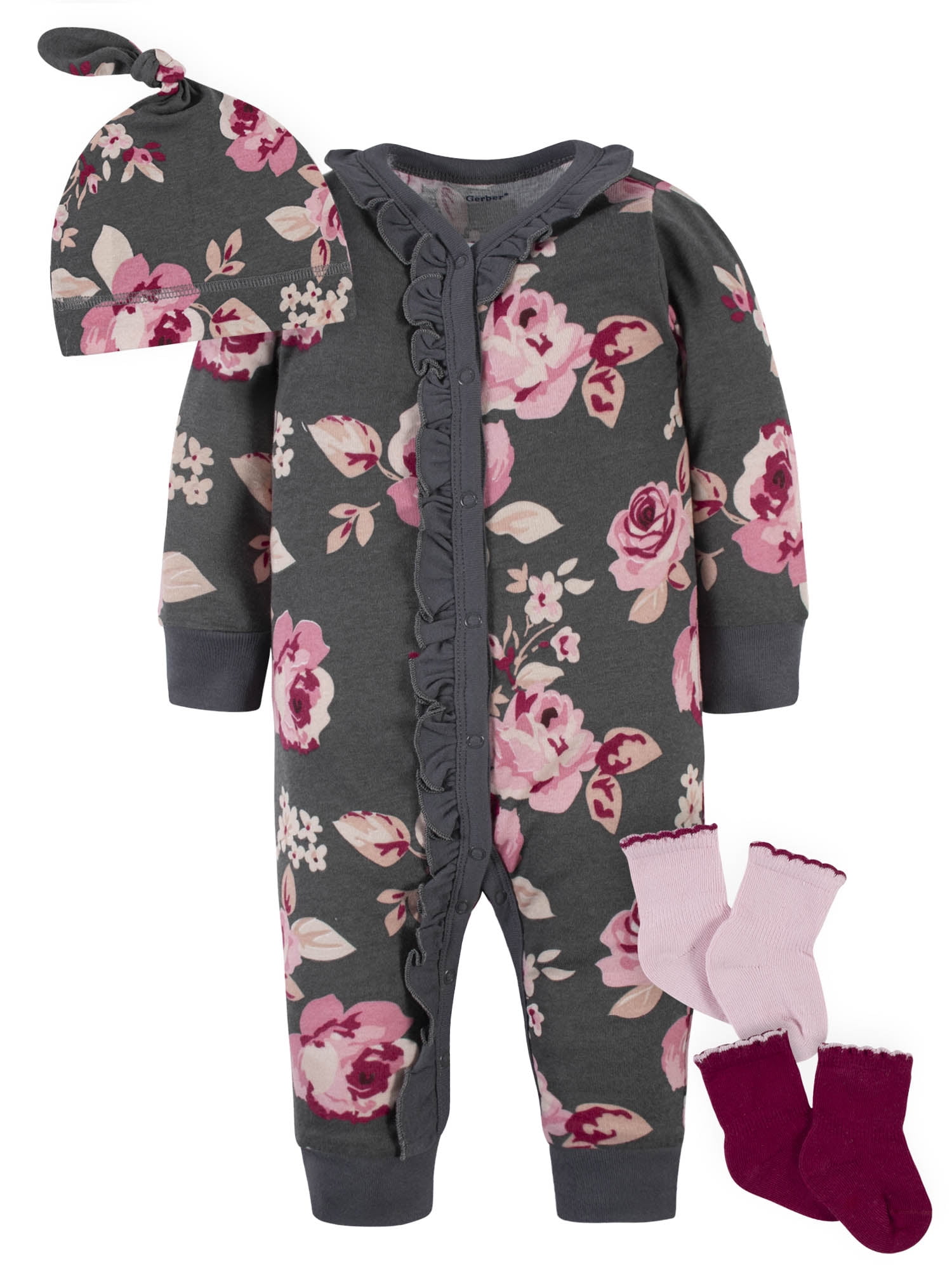 Modern Moments by Gerber Baby Girl Coverall & Accessory Set, 4Piece