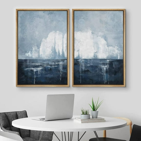 IDEA4WALL Framed Canvas Print Wall Art Set of 2 Watercolor Pastel Blue & White Landscape Abstract Modern Art Decorative Contemporary Artwork for Bedroom, Office, Hotel - 16"x24"x2 Panels Natural