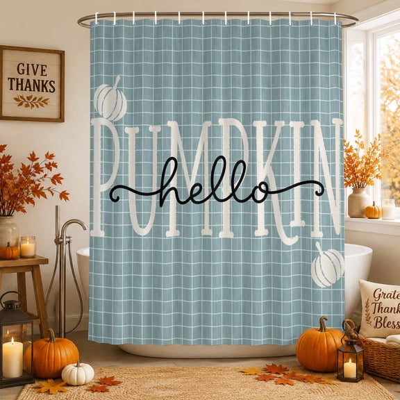 Blue Fall Pumpkins Shower Curtains for Bathroom, Thanksgiving Autumn Modern Plaid Waterproof Fabric Shower Curtain, Decorative Bathroom Curtain for Bathtub, 36"x72", No Hooks Included