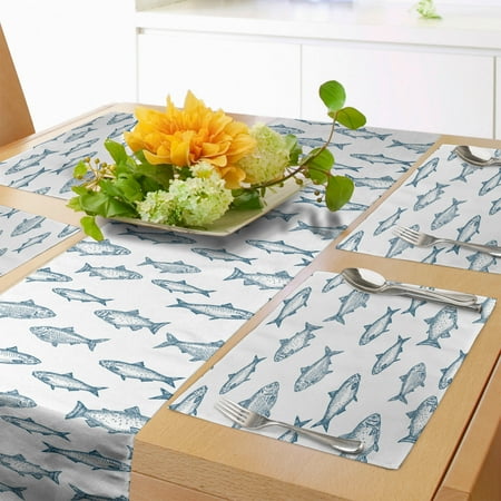 

Fishing Table Runner & Placemats Horizontally Drawn Fish Sketches Underwater Creatures Marine-Themed Layout Set for Dining Table Placemat 4 pcs + Runner 14 x90 Slate Blue White by Ambesonne