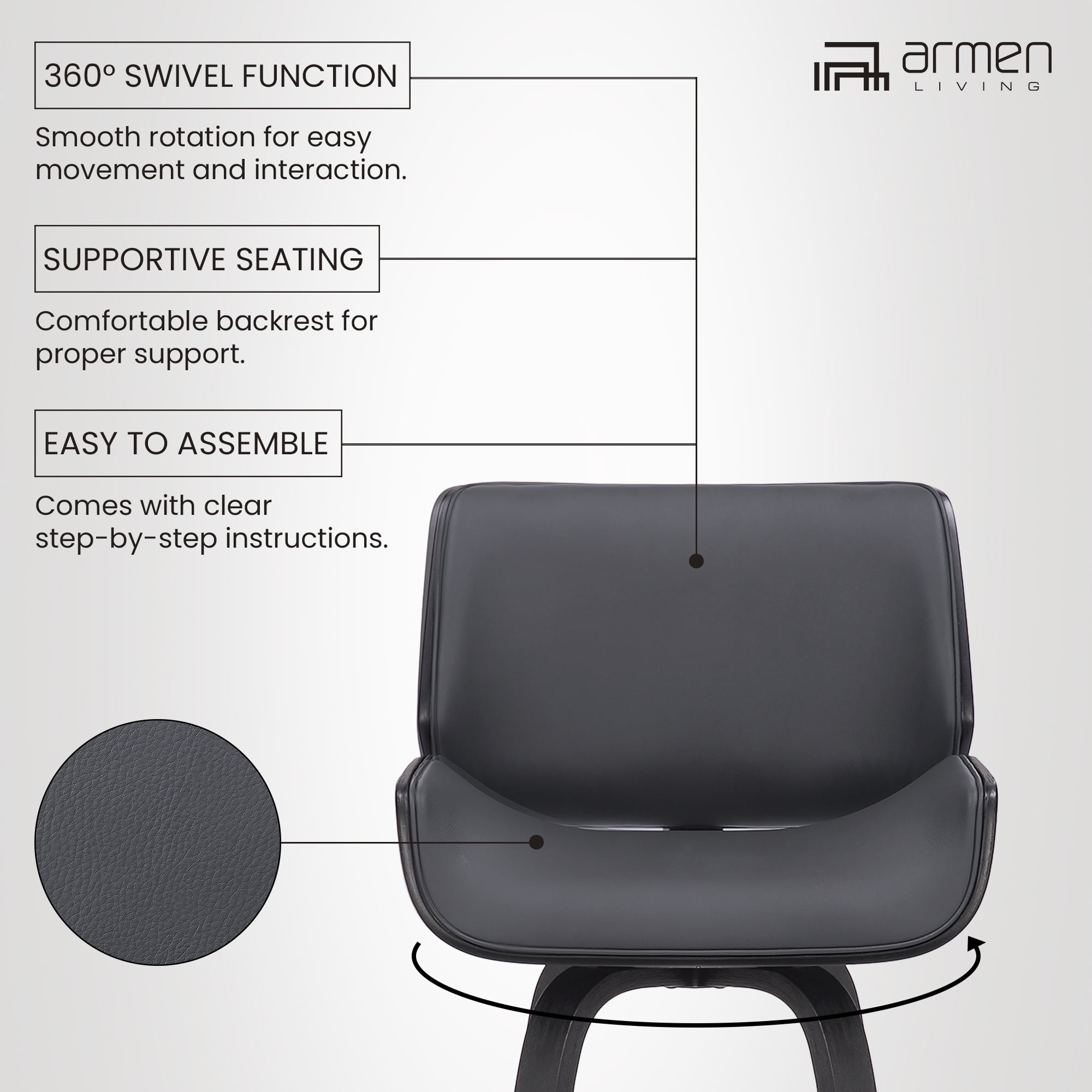 Tyler 30" Bar Height Swivel Gray Faux Leather and Black Wood Bar Stool - Set of 2