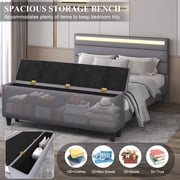 E-motie Full Upholstered Bed Frame with Storage Ottoman, Charging Station and LED, Gray Full Bed