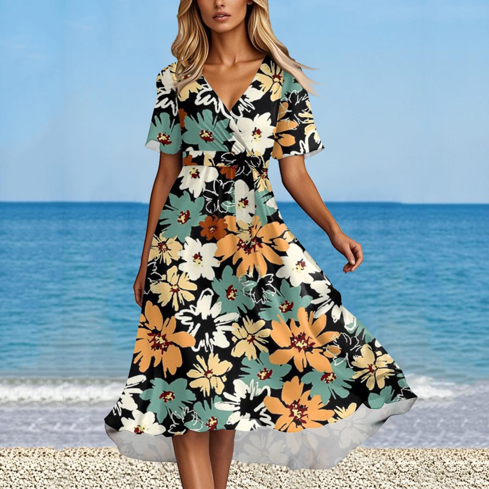 Summer Dress for Women Casual Wear To Work Sexy V Neck Short Sleeve Smocked  Flared Flowy Beach Boho Midi Floral Dress