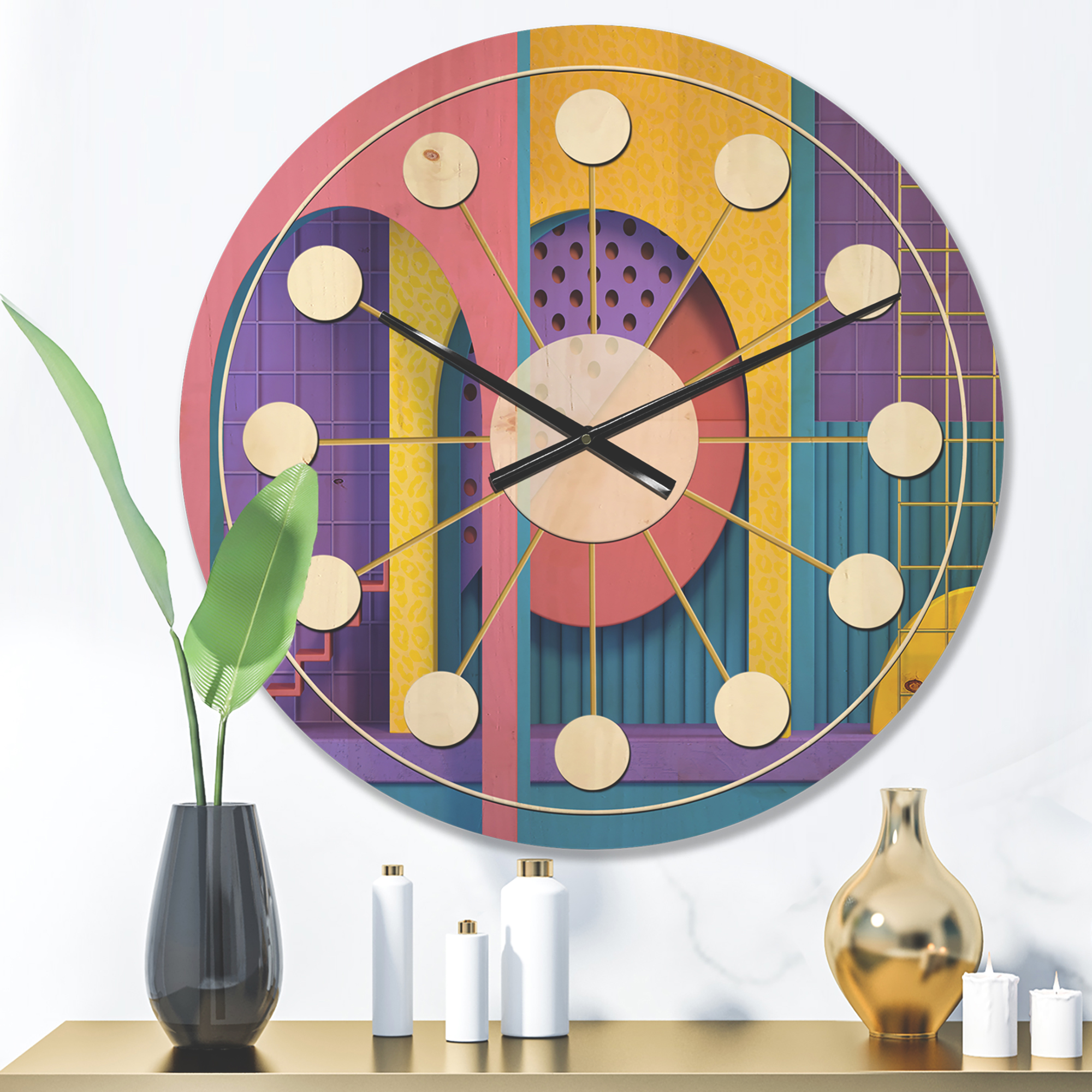 Designart 'Abstract Retro Geometric Architecture Pattern' Mid-Century Modern Wood Wall Clock