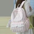 thumbnail image 5 of Women Bow Print Backpack with Multi-Pocket, Lace Trim Large Capacity School Bag for Travel Shopping (Pink), 5 of 10