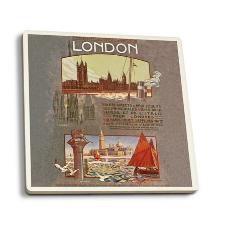 London, England - Trips to London from Rouen, Dieppe, Newhaven; Ouest and Brighton Railways (Set of 4 Ceramic Coasters - Cork-backed,