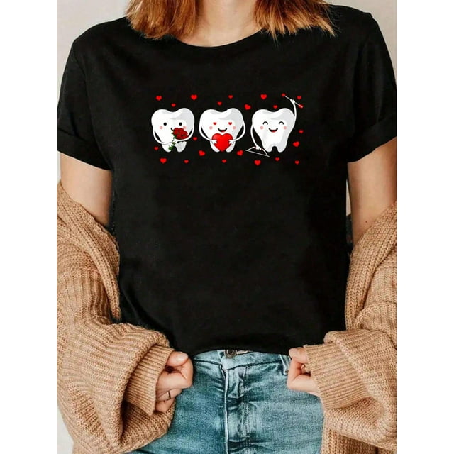 Camiseta de cuello redondo con diseño de diente y rosa para San Valentín, ideal como regalo dental. Camiseta con gráficos para mujer. Camiseta informal de manga corta para primavera y verano. Ropa par