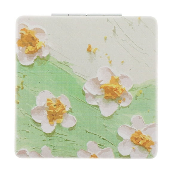 Unique Bargains 1 Pc Women Square Hand-drawn Makeup Mirror for Travel Vacation Green Metal PU Glass