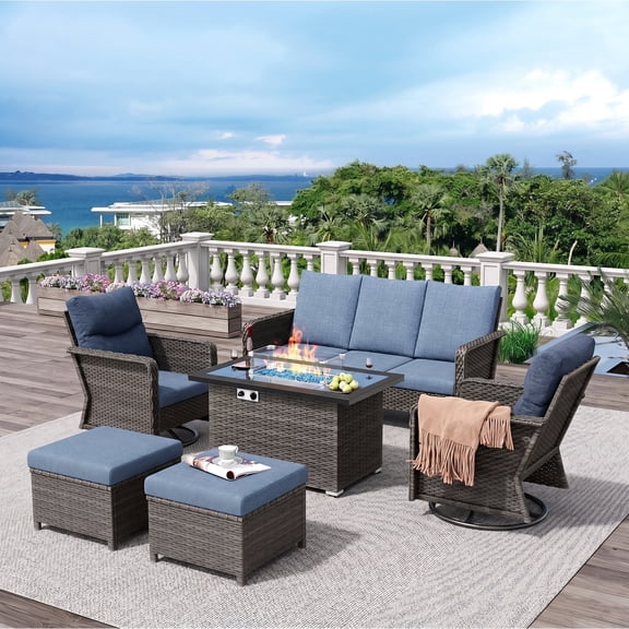 Brafab 7 Seat Outdoor Patio Furniture Set with 44" Gas Fire Pit Table, PE Wicker Patio Conversation Sets Cushioned Seat Couch Outdoor Sectional Chair Sofa Set for Yard Garden Porch