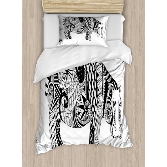 Hippo Twin Size Duvet Cover Set, Stylized Hippo Figure Hand-Drawing Style Print Ornamented with Geometric Forms, Decorative 2 Piece Bedding Set with 1 Pillow Sham, Black and White, by Ambesonne