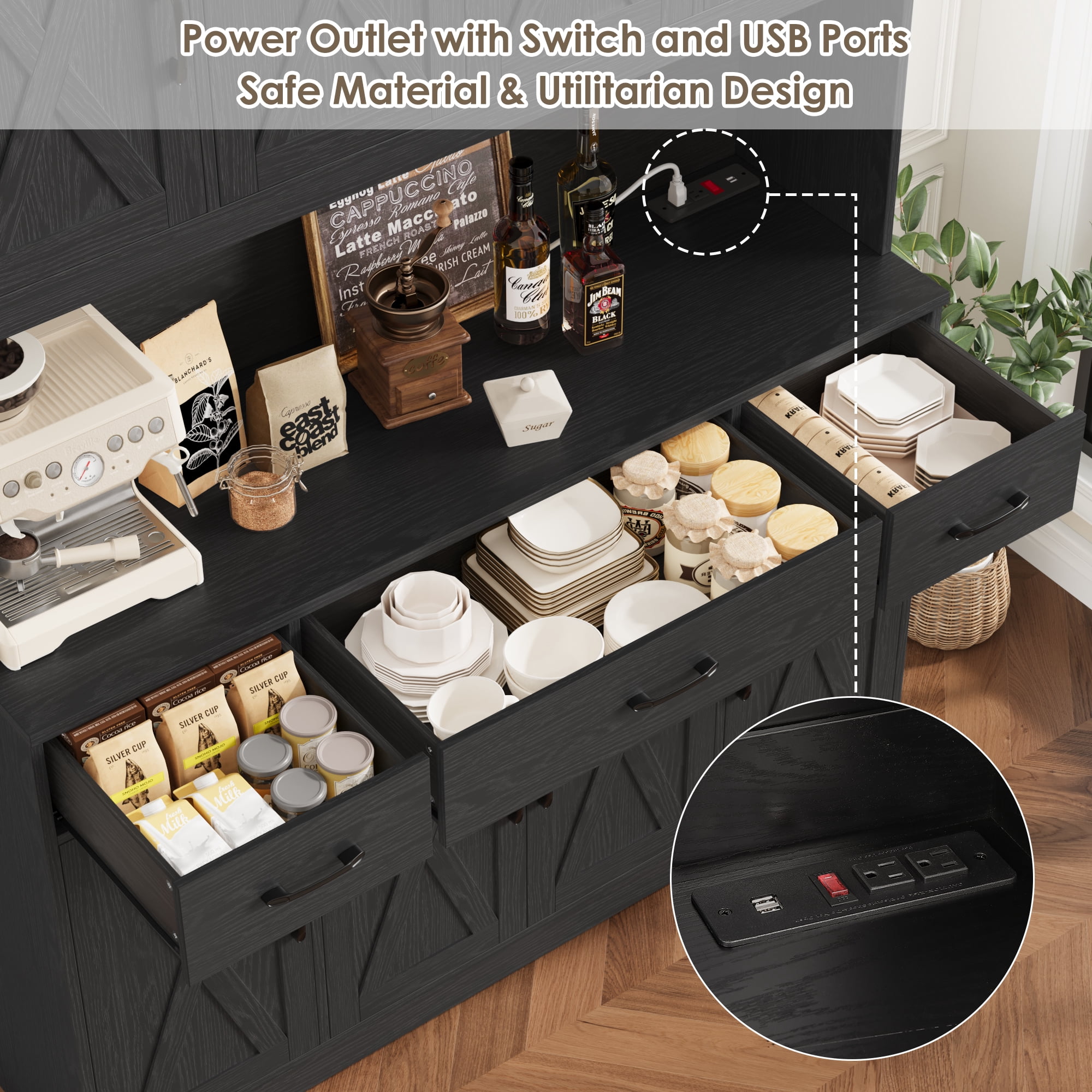 Homfa Kitchen Pantry with Hutch and Drawers, 71" Tall Storage Cabinet with 55" Wide Countertop and Built-In Power Outlet, Farmhouse Coffee Bar for Dining Room, Black Bark Grain