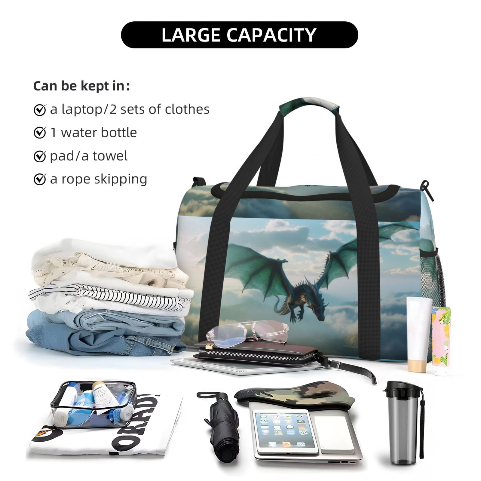 Fuzoiu Cloud Sky Green Dragon Print Travel Duffle Bag,Carry On Tote Bags,Duffel Bag,Sport Gym Bag, Hospital Bag for Labor and Delivery, Overnight Bag,Luggage Bag