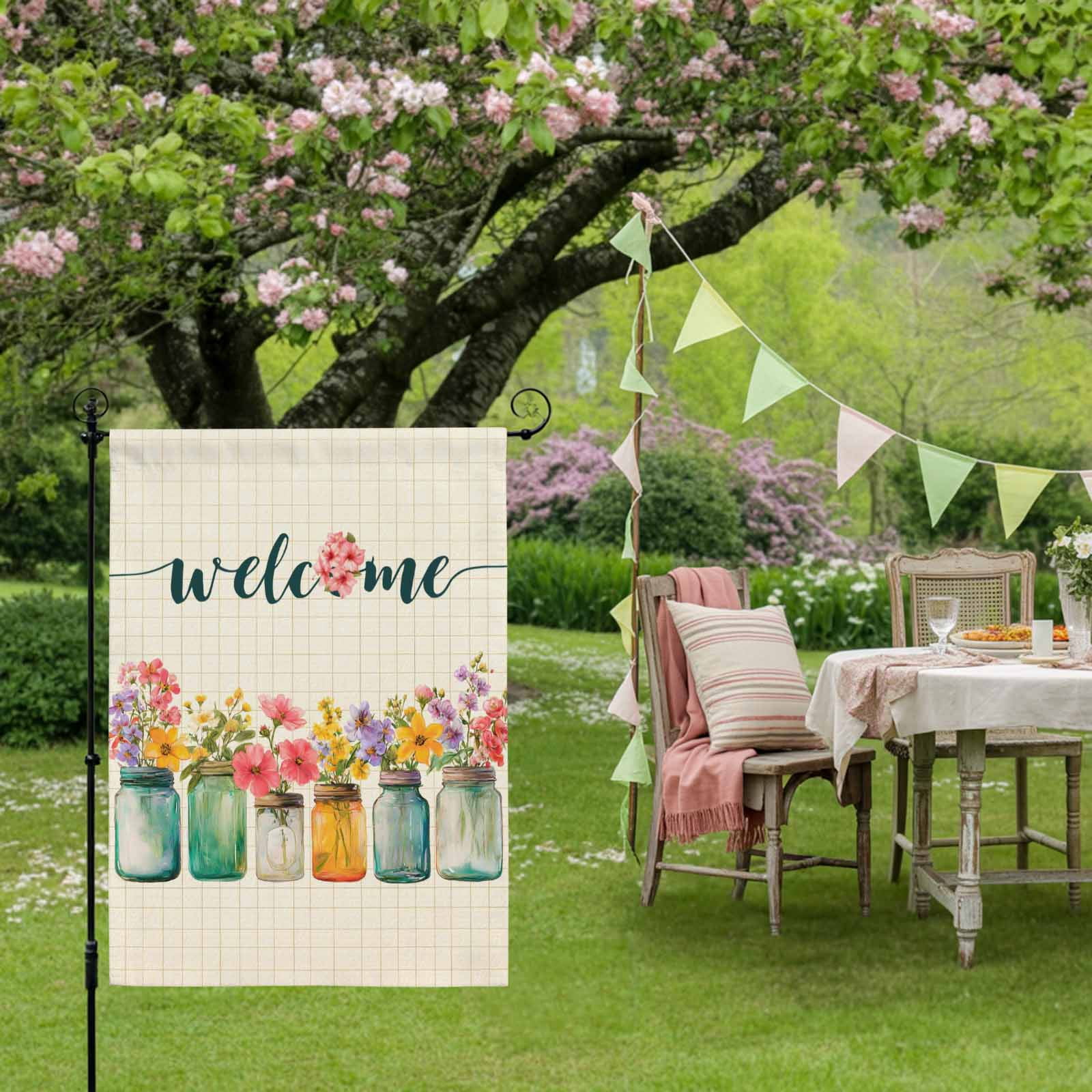 Welcome House Flag 28 x 40 Inches, Wildflowers Vintage Mason Jars Farmhouse Weather Proof Outdoor Patio Flags Double Sided Small House Decoration for Yard Lawn Outside Home