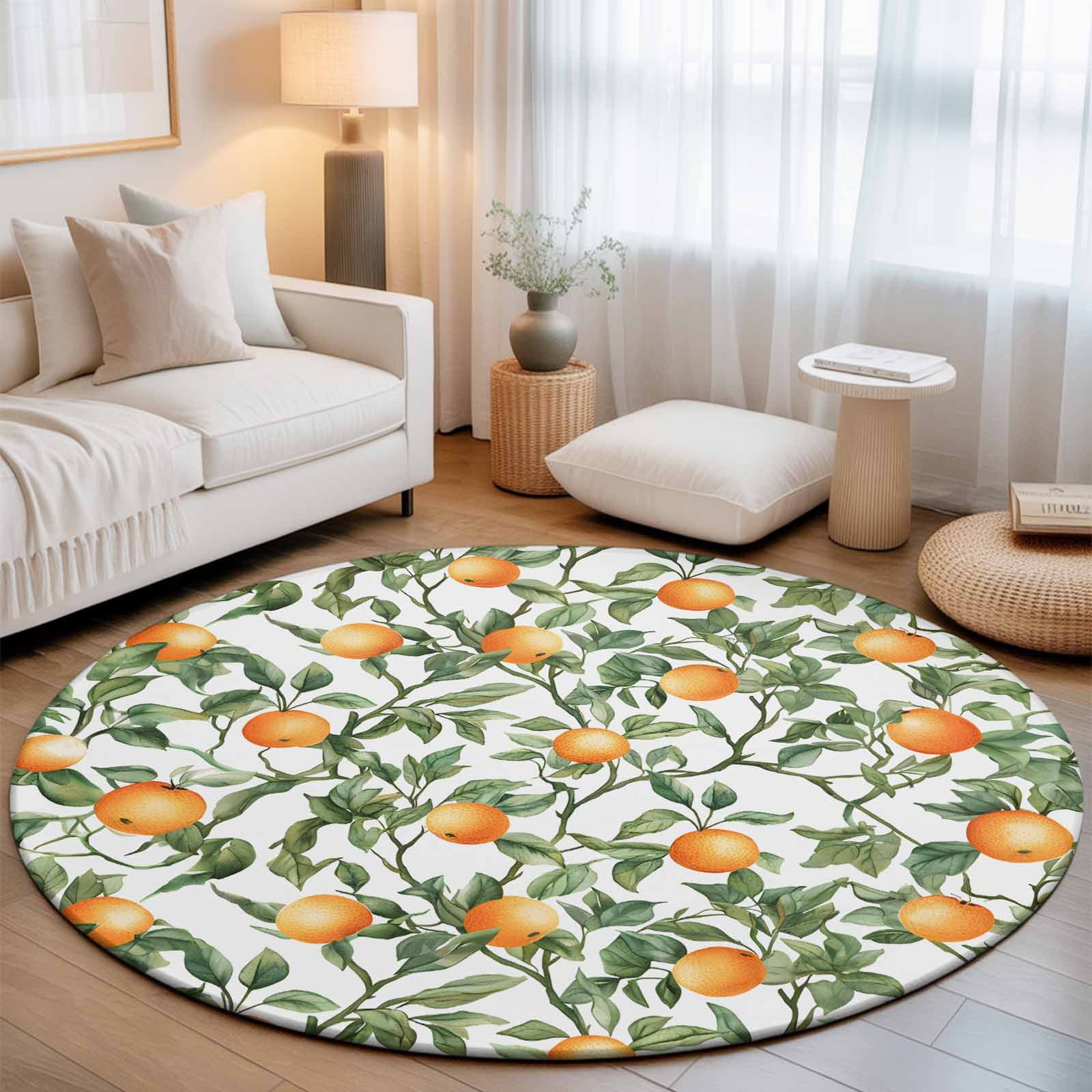 Washable Round Area Rug Summer Orange Watercolor Leaves Circle Rugs Floor Carpet for Living Room Bedroom Botanical Foliage on White Soft Non Slip Round Rug 3ft