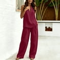 thumbnail image 5 of Sewkxo Womens Linen 2 Piece Sets Fashion Sleeveless V Neck Halter Top Matching Baggy Wide Leg Pants Set Summer Casual Outfits,Wine L, 5 of 9