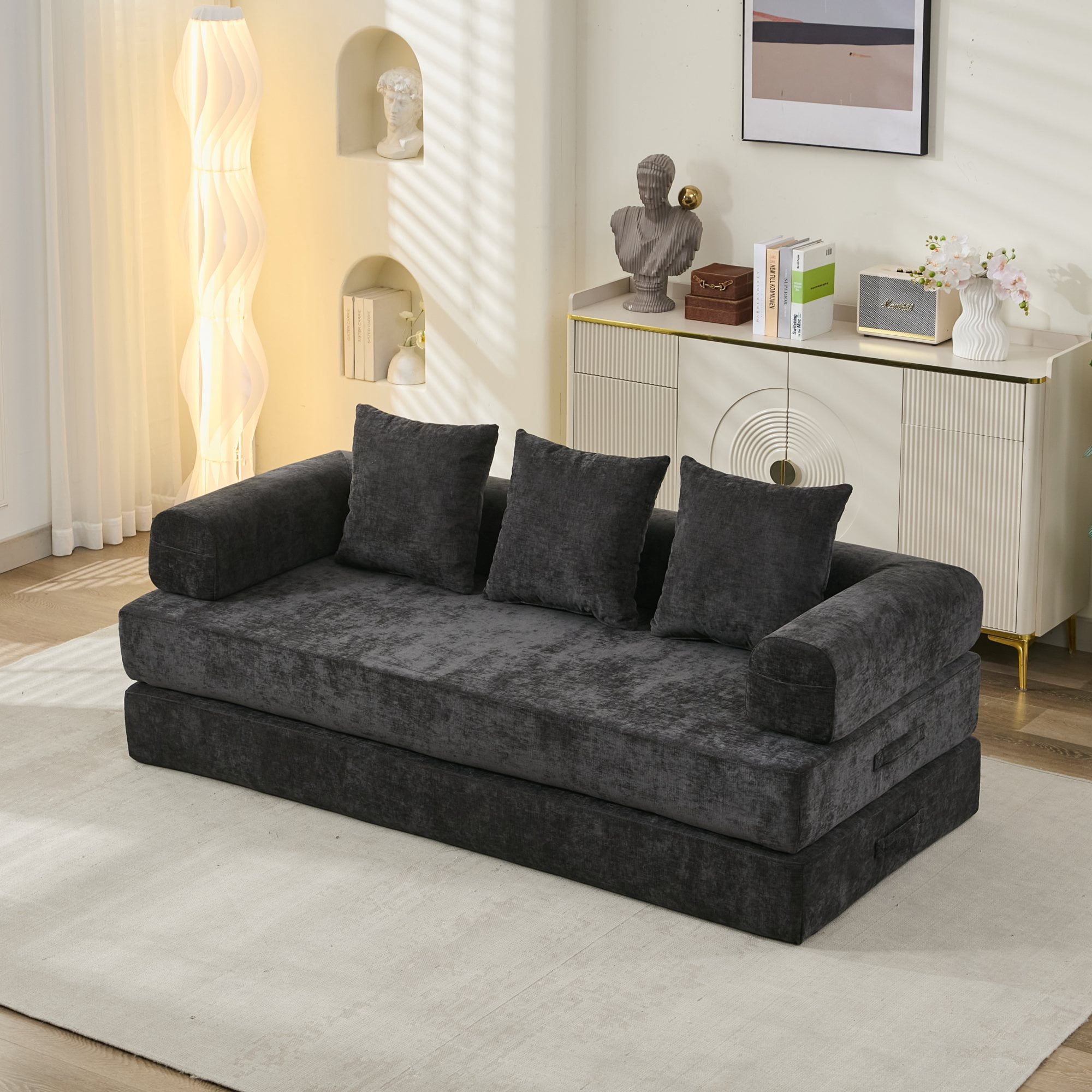 AISWORD 79" Convertible Folding Mattress Couch, 3-in-1 Floor Sofa Bed with Armrests & Pillows, Chenille Fabric Lounge Couch with Spring Pack Support, No Assembly Required